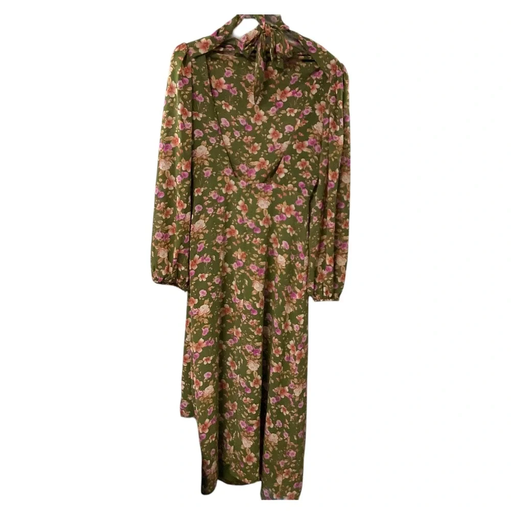 F21‎ Womens Olive Green Floral Open Back Tie Maxi Dress SZ  M Puff Sleeve NWT